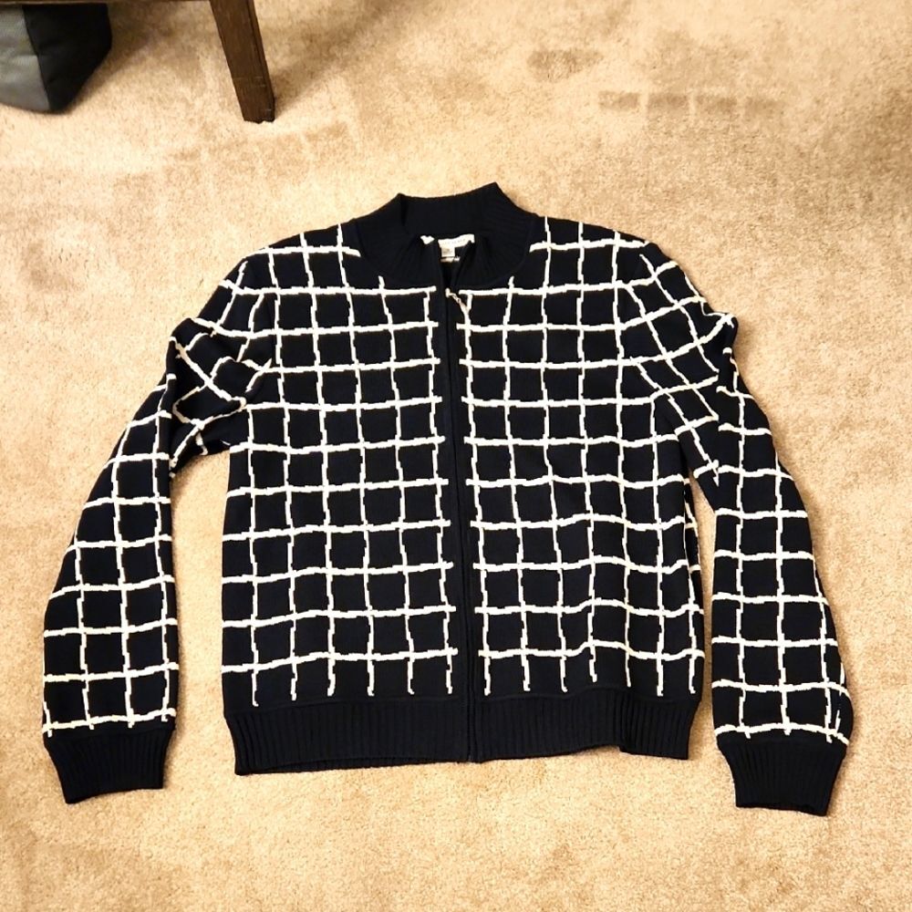 St. John Collection Navy Blue & Bright White Print Full-Zip Cardigan Size 12 NWT